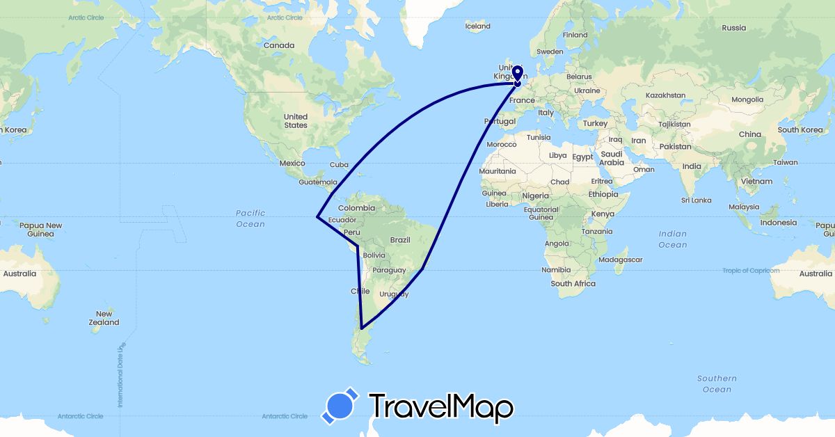 TravelMap itinerary: driving in Argentina, Brazil, Costa Rica, Ecuador, United Kingdom, Peru (Europe, North America, South America)